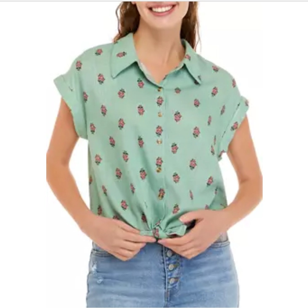 TRUE CRAFT Dolman Sleeve Printed Button-Up Top Sage Green Floral Medium